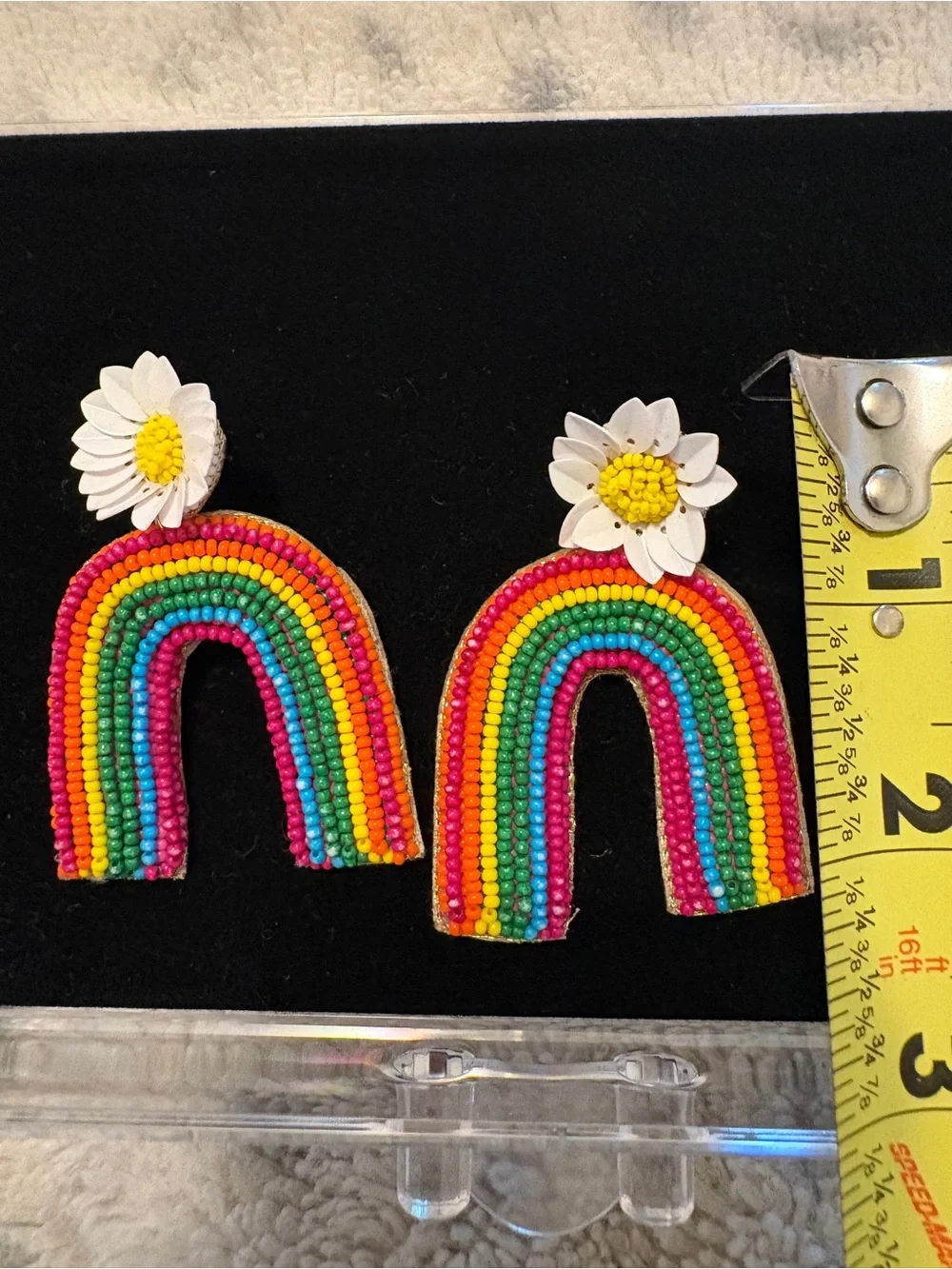 Handcrafted Rainbow Beaded Earrings with Daisy - Multicolor - post backing